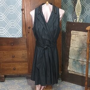 N26 Ralph Lauren Dark Denim Faux Leather Wrap Sleeveless Fit & Flare Dress 16